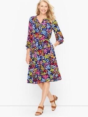 Talbots Navy Starburst Floral Vibrant Multicolor Blooms Dress Sz 2X 3/4 Sleeves